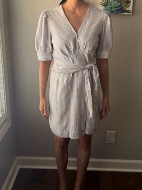 Finley Striped Linen Blend Wrap Dress Women Small Tan/White/Black